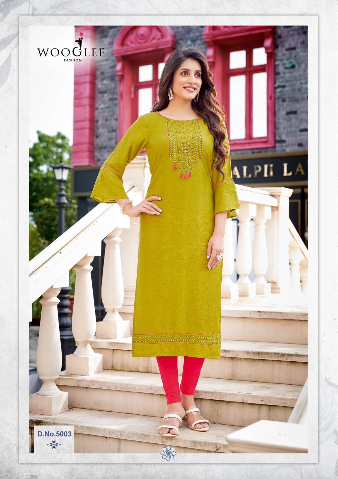 Wooglee Raas Heavy Rayon Straight Stylish Kurti On Wholesale