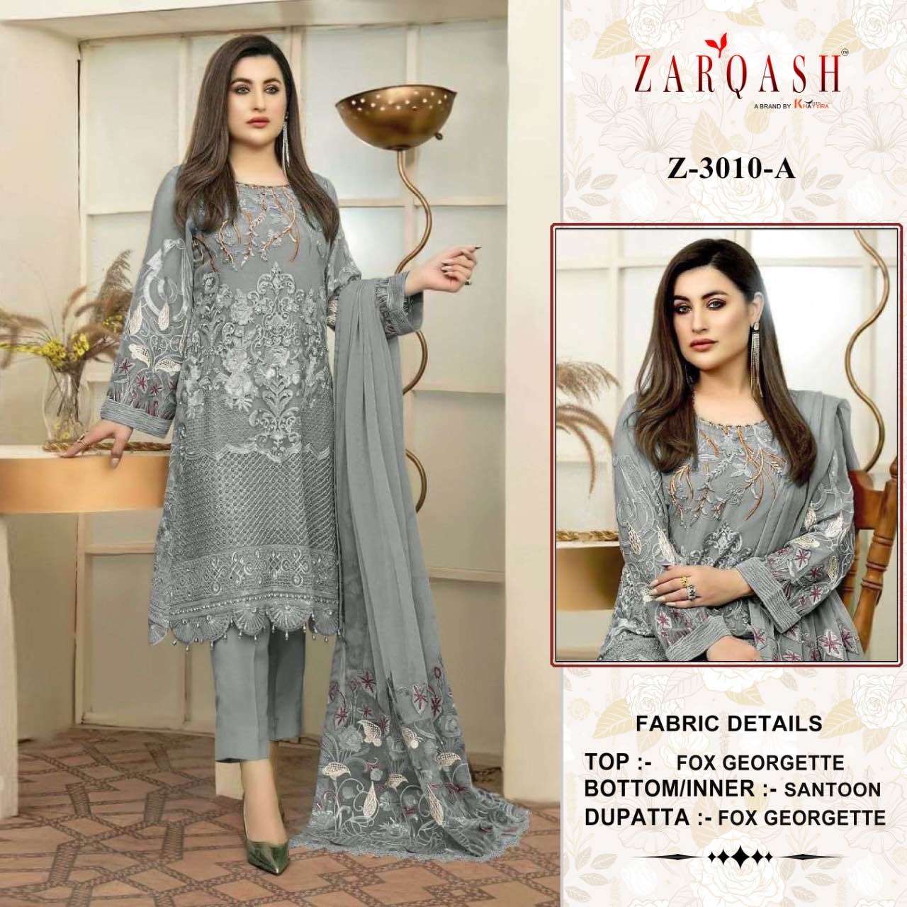 Zarqash Suits Z 3010 Fox Georgette With Khatali Work Pakistani Suits On Wholesale