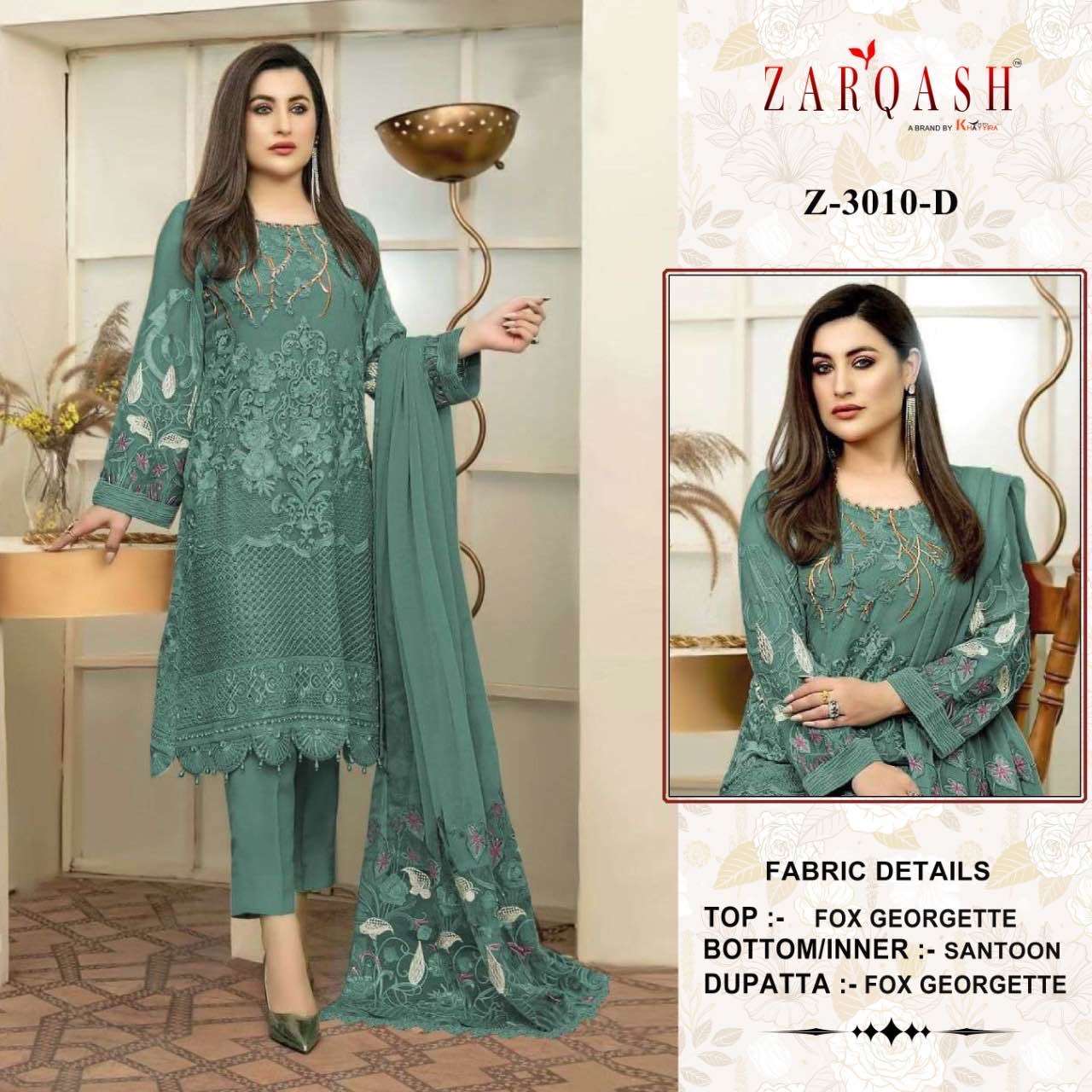 Zarqash Suits Z 3010 Fox Georgette With Khatali Work Pakistani Suits On Wholesale