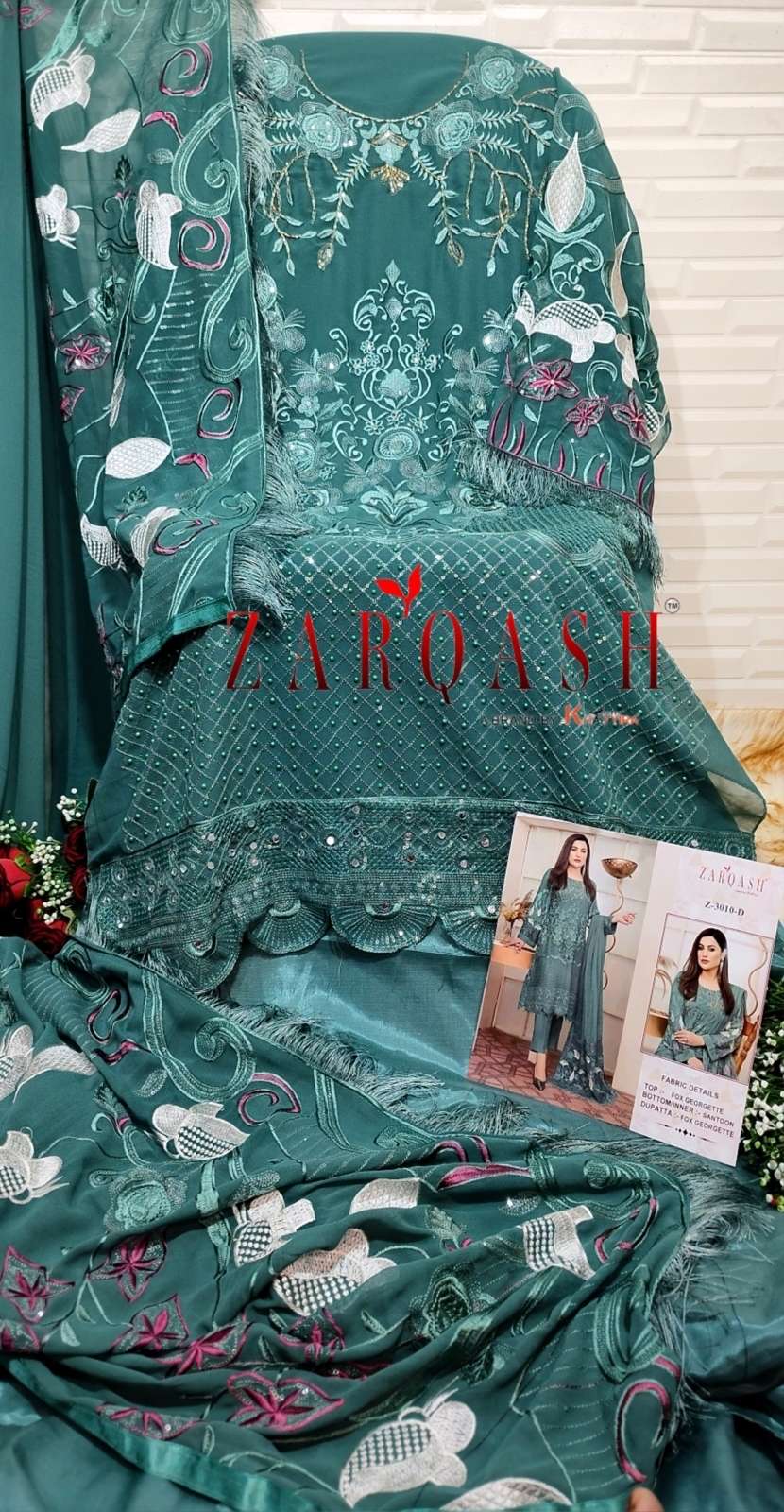 Zarqash Suits Z 3010 Fox Georgette With Khatali Work Pakistani Suits On Wholesale