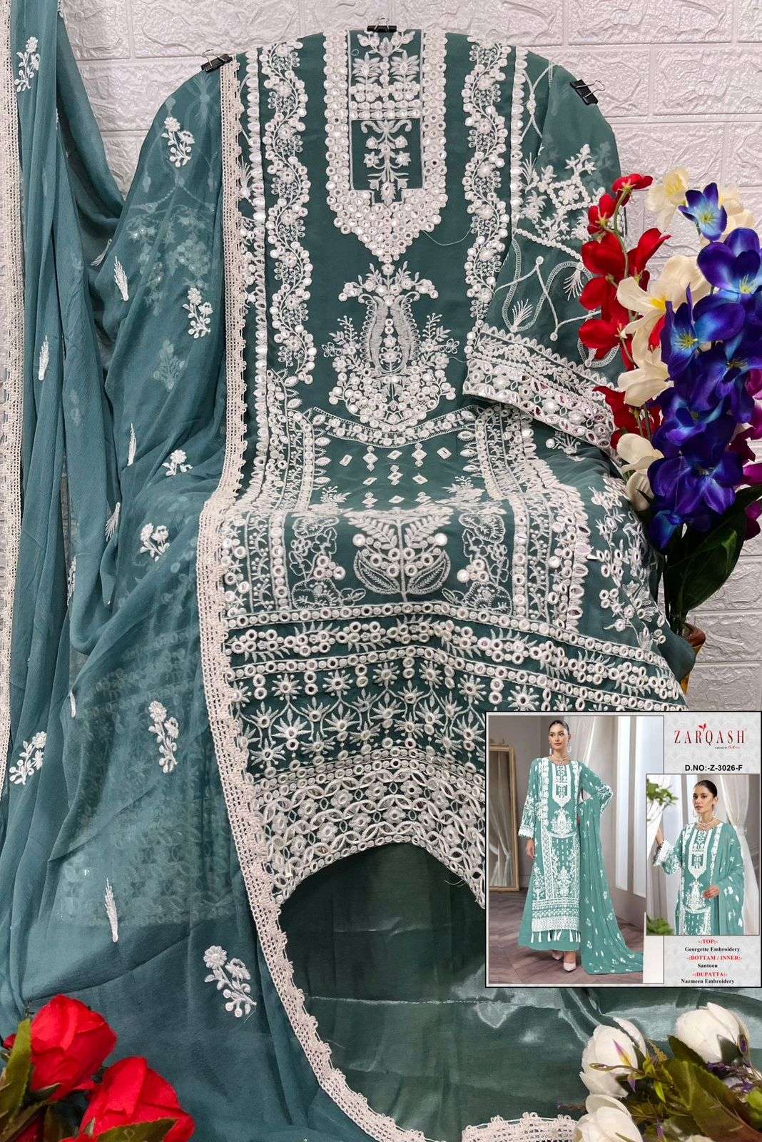 Zarqash Suits Z 3026 Georgette Embroidered Pakistani Suits On Wholesale