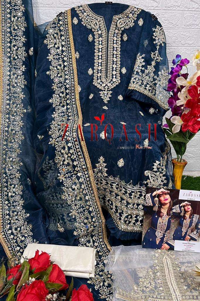 Zarqash Z 3023 Organza With Embroidery With Real Mirror Work On Wholesale