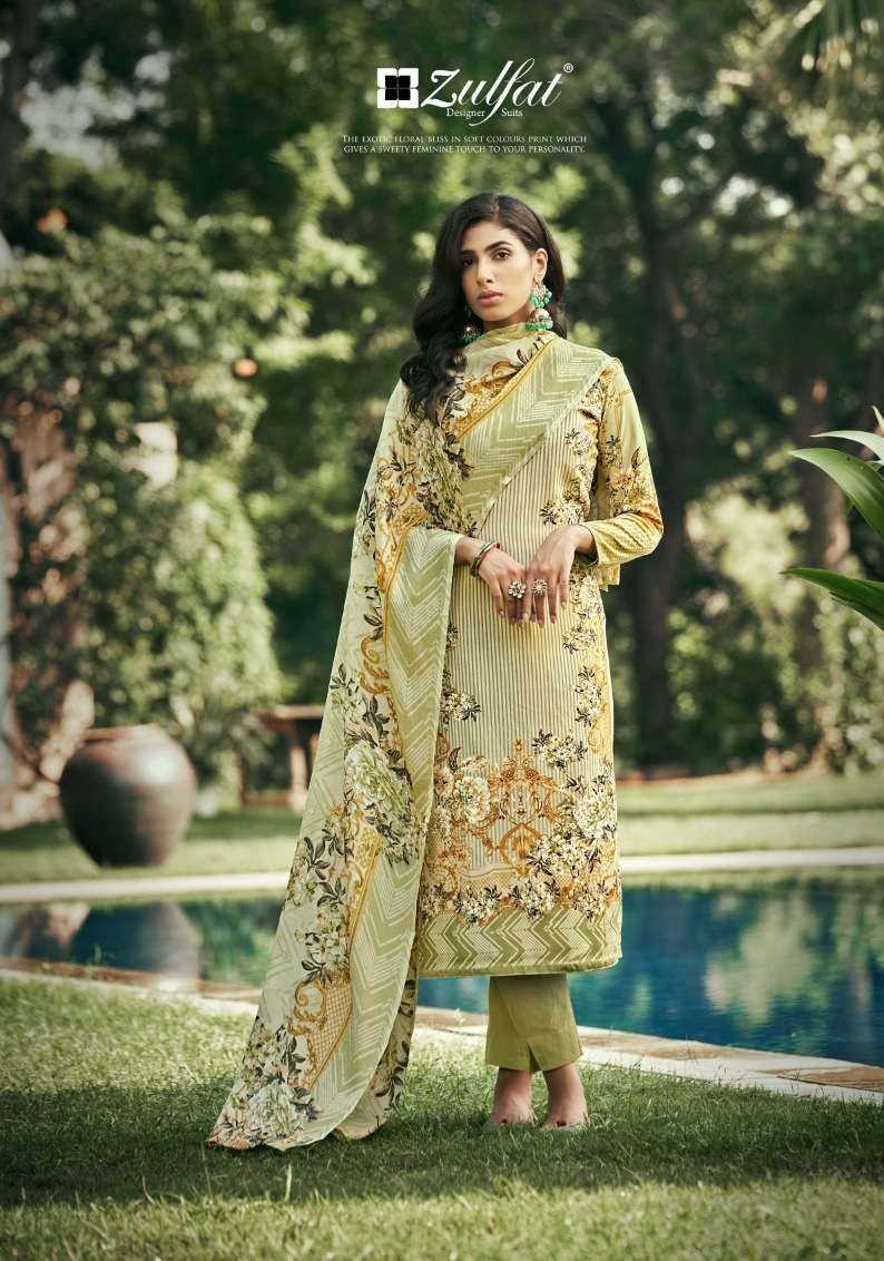 Zulfat Designer Suits Hayaat Pure Cotton Top & Bottom With Pure Nazneem Dupatta On Wholesale