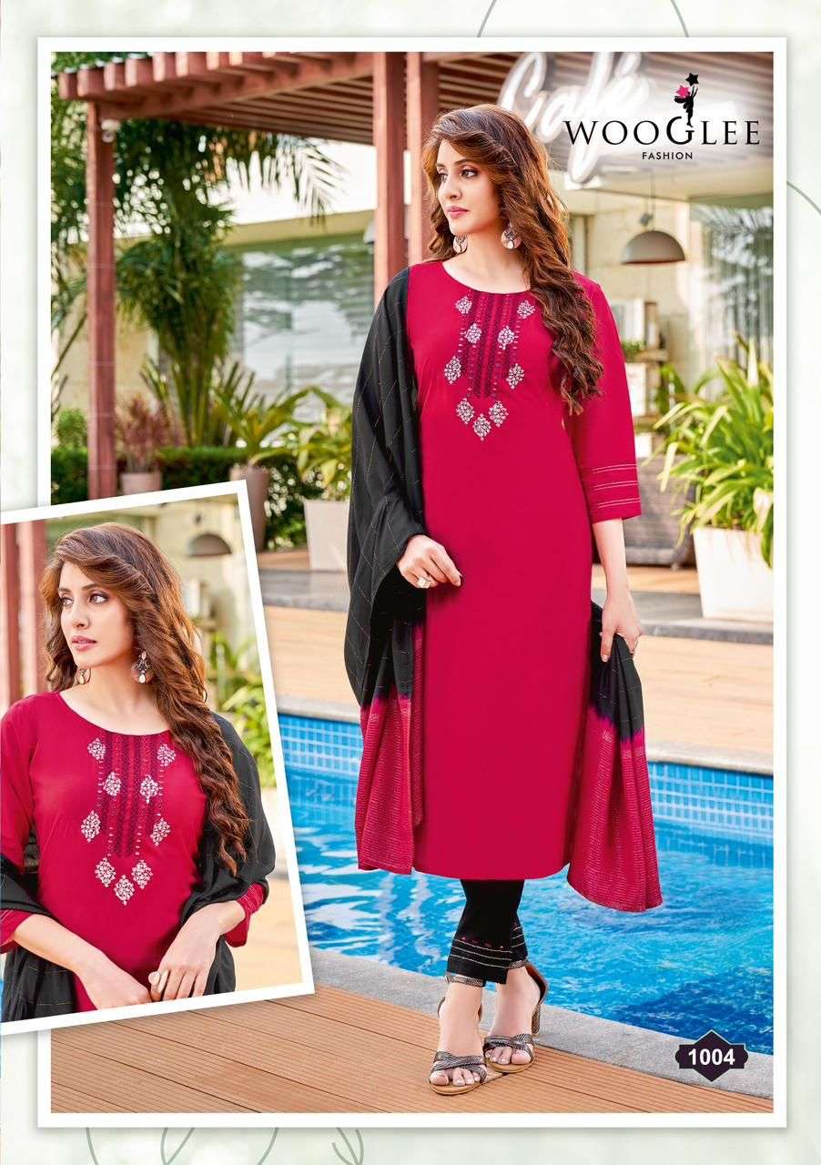  Wooglee Rangat Viscose Weaving Embroidery & Hand Work Kurti With Bottom Dupatta On Wholesale