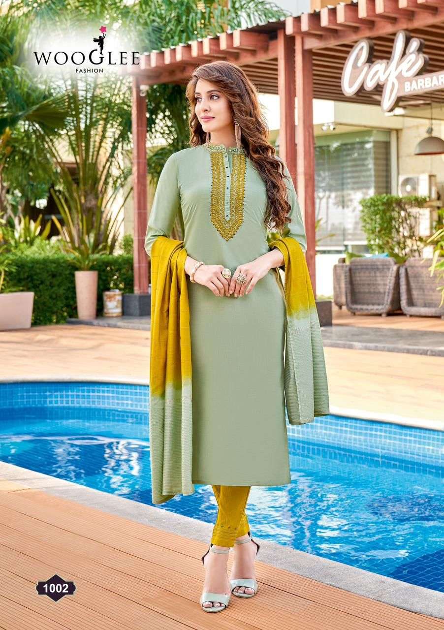  Wooglee Rangat Viscose Weaving Embroidery & Hand Work Kurti With Bottom Dupatta On Wholesale