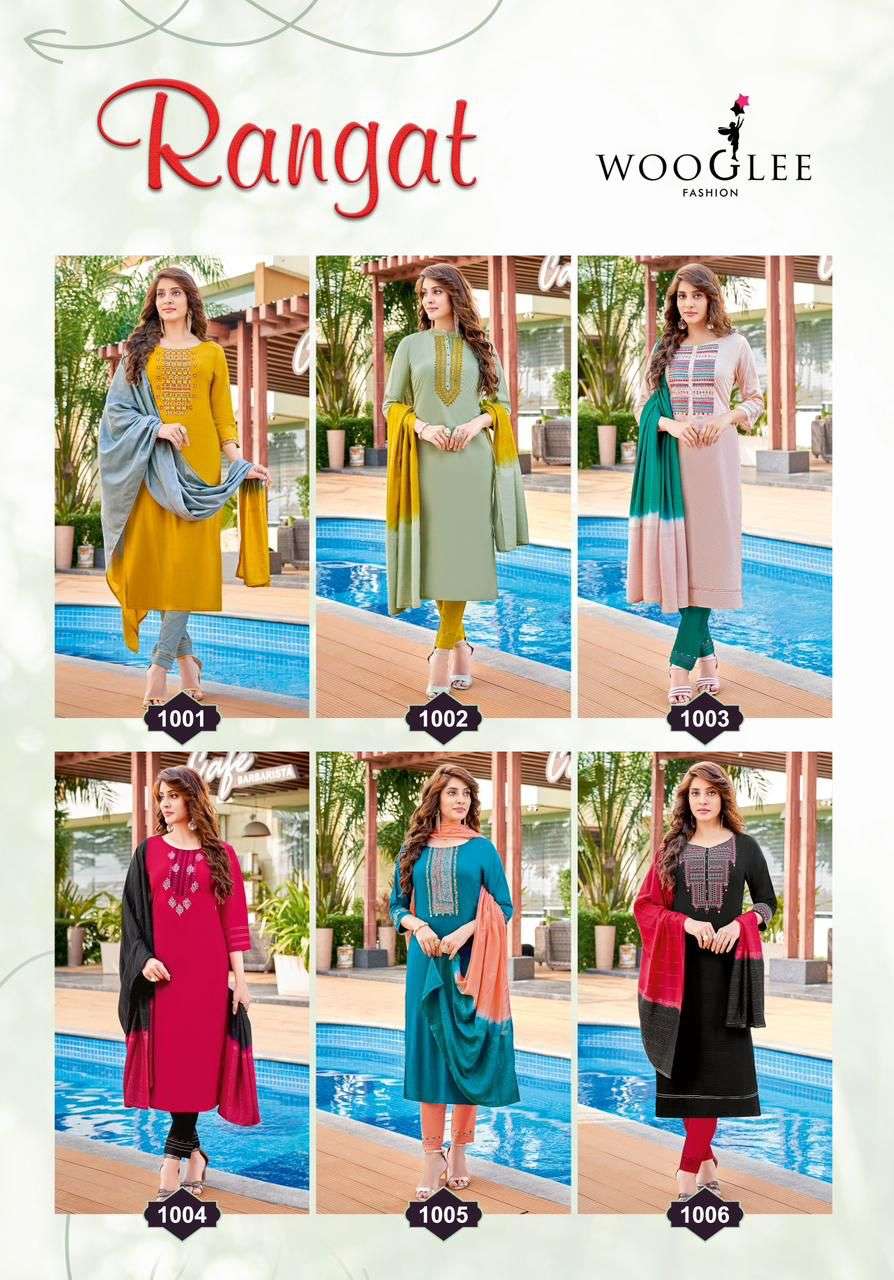  Wooglee Rangat Viscose Weaving Embroidery & Hand Work Kurti With Bottom Dupatta On Wholesale