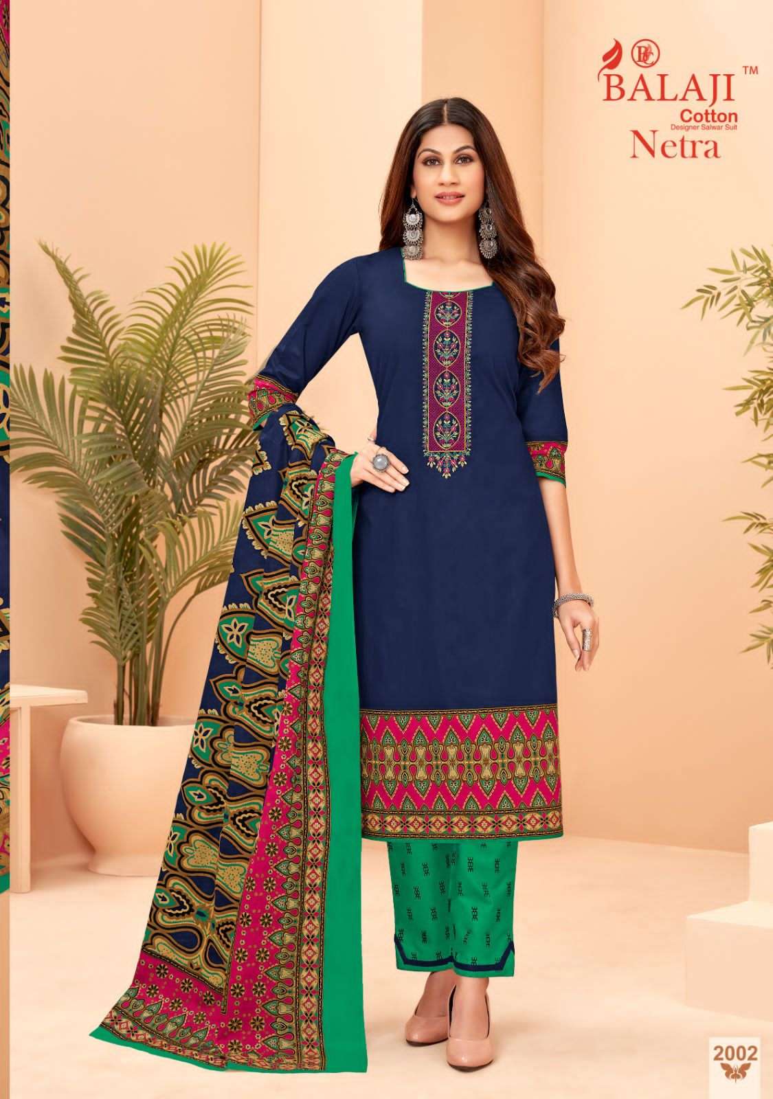 Balaji Netra Vol 2 Pure Cotton With Exclusive Embroidery Top Bottom With Dupatta On Wholesale