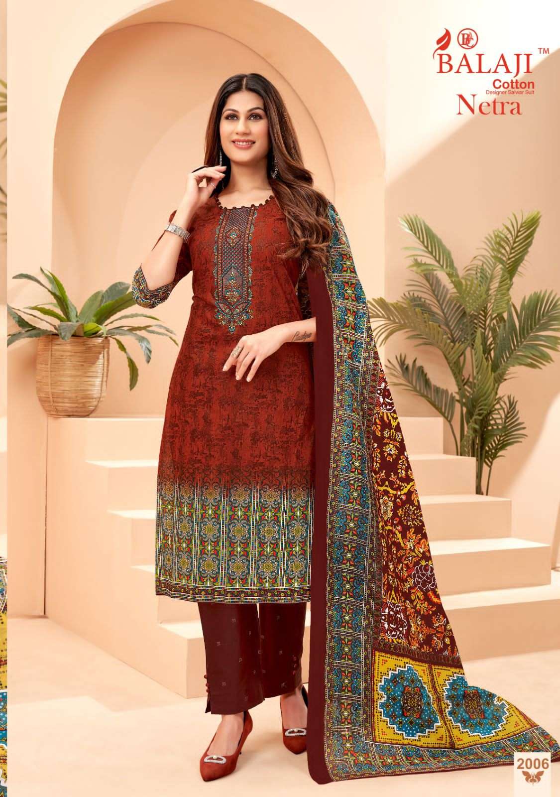 Balaji Netra Vol 2 Pure Cotton With Exclusive Embroidery Top Bottom With Dupatta On Wholesale