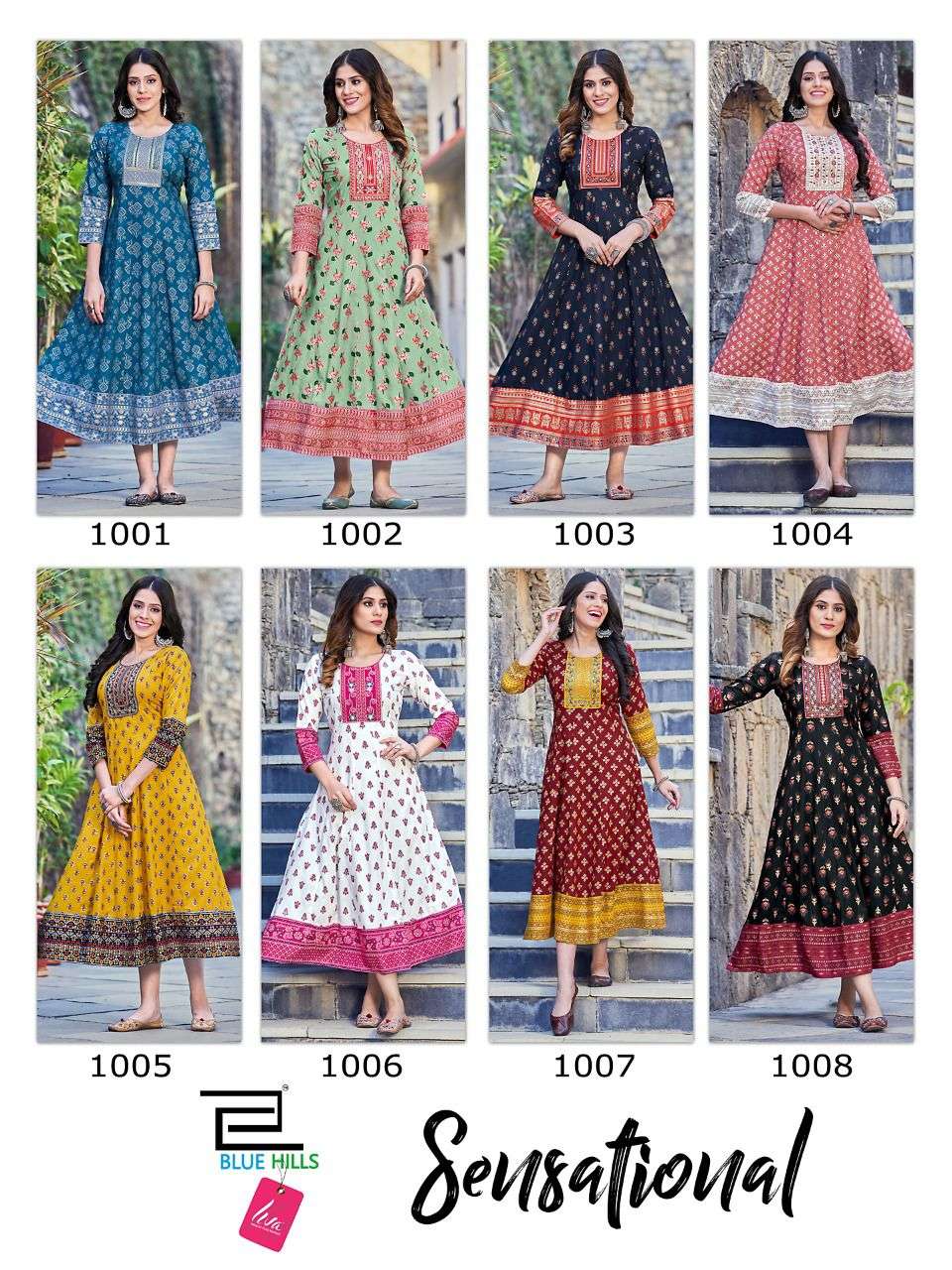 Blue Hills Sensational Rayon 14Kg Foil print Fancy Long Anarkali Kurti On Wholesale