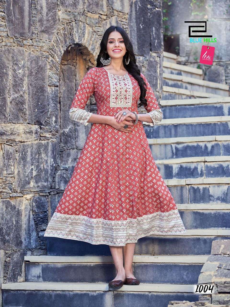 Blue Hills Sensational Rayon 14Kg Foil print Fancy Long Anarkali Kurti On Wholesale