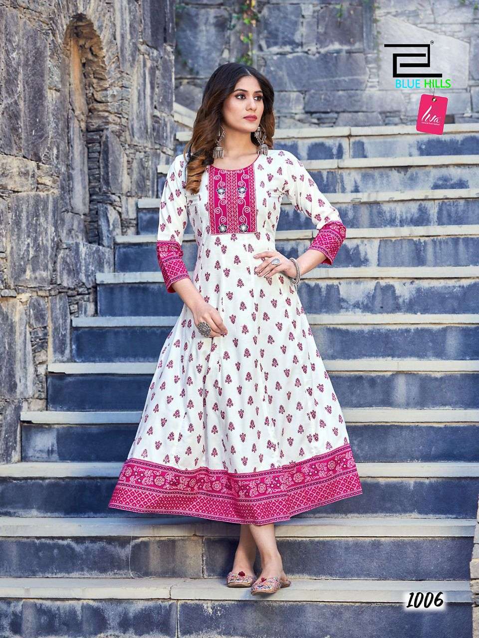 Blue Hills Sensational Rayon 14Kg Foil print Fancy Long Anarkali Kurti On Wholesale