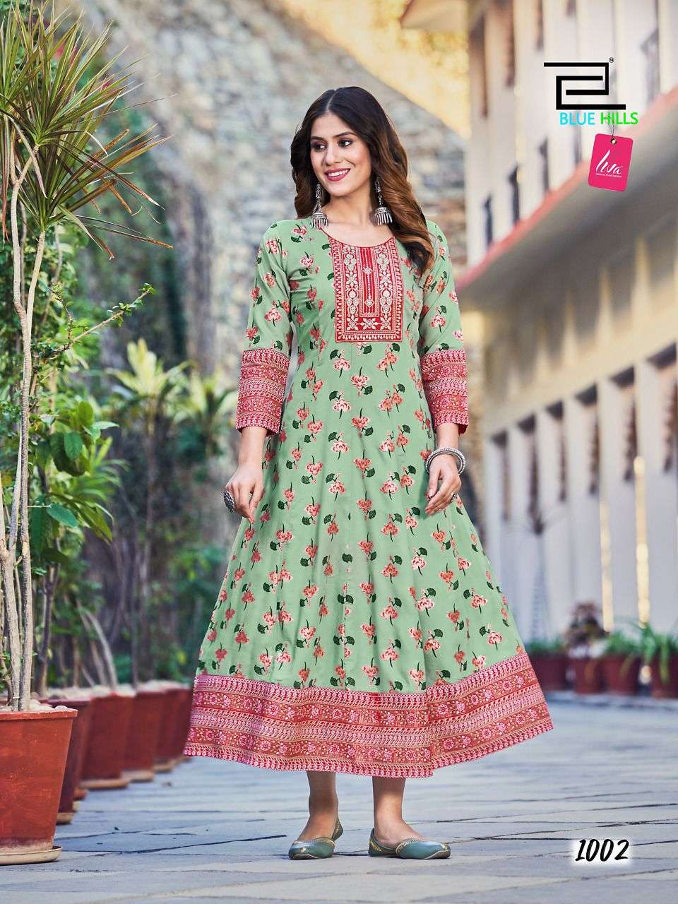 Blue Hills Sensational Rayon 14Kg Foil print Fancy Long Anarkali Kurti On Wholesale