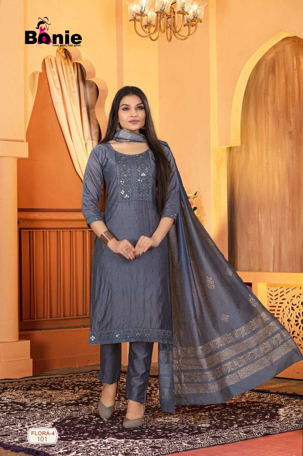 Bonie Flora Vol 4 Chanderi With Lining Inside With Amazing Embroidery On Wholesale