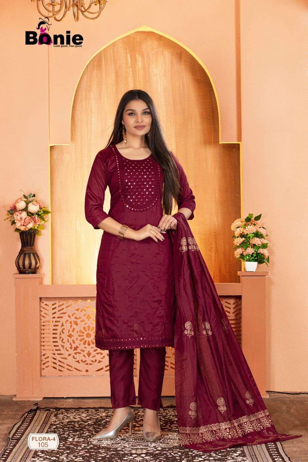 Bonie Flora Vol 4 Chanderi With Lining Inside With Amazing Embroidery On Wholesale