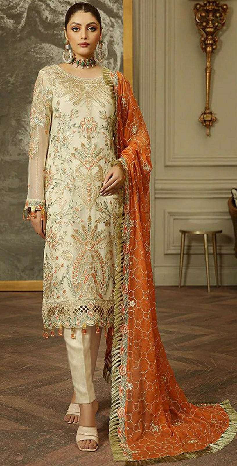 Ramsha R 579 Georgette Heavy Embroidery Top Bottom With Dupatta On Wholesale