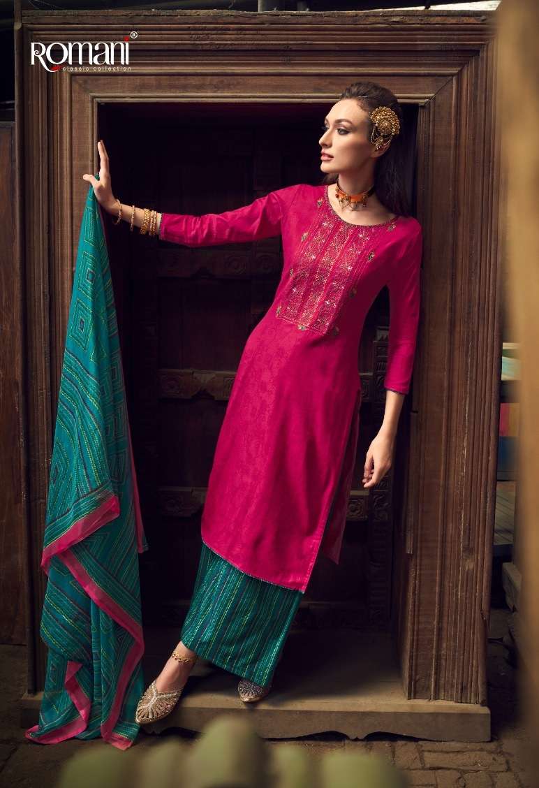 Romani Manvika Soft Jam Cotton Jacquard With Heavy Embroidery Work Dress Material On Wholesale