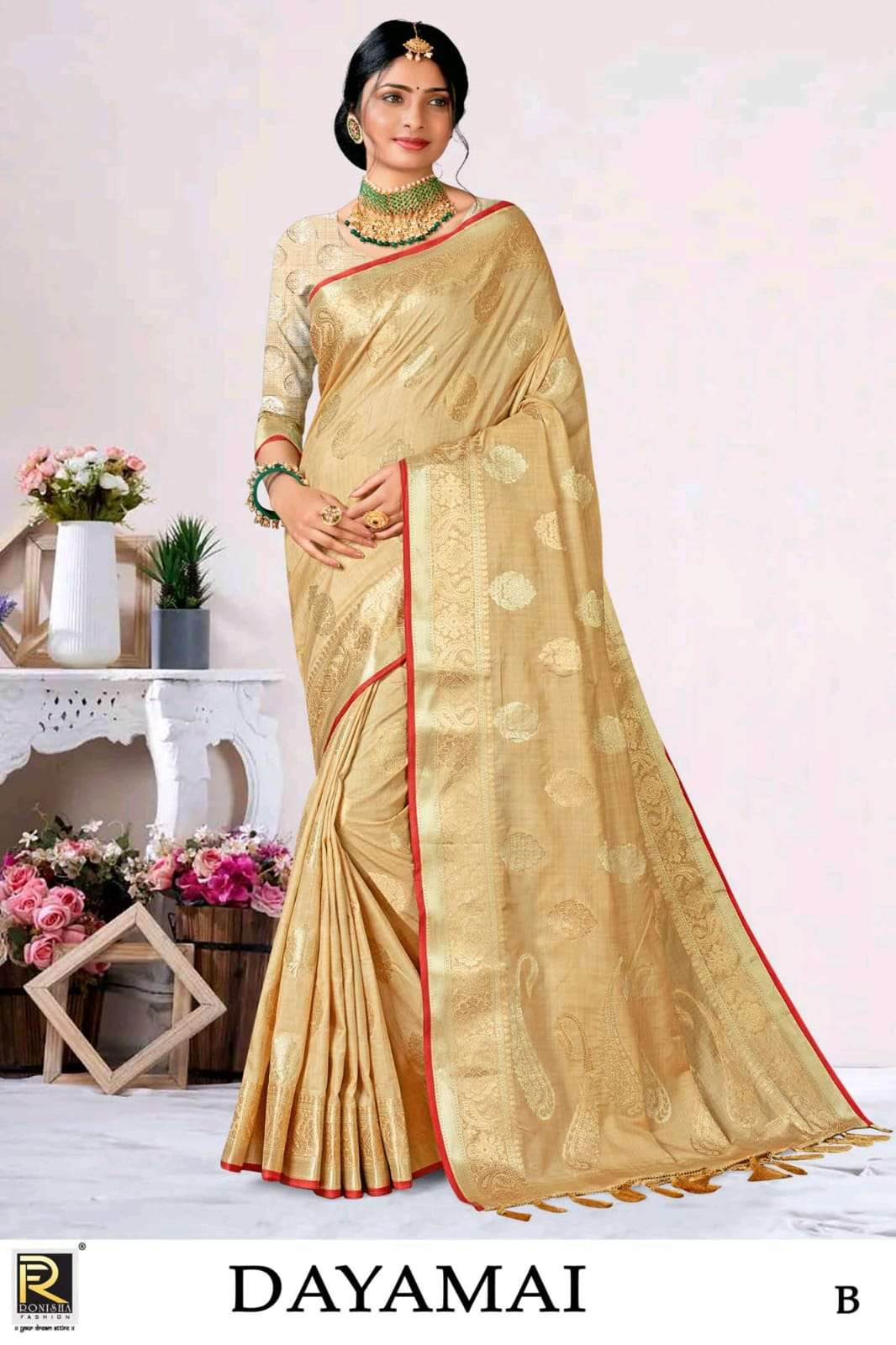 Ronisha Present Dayamai Fabric Banarasi Silk Designer Saree On Wholesale