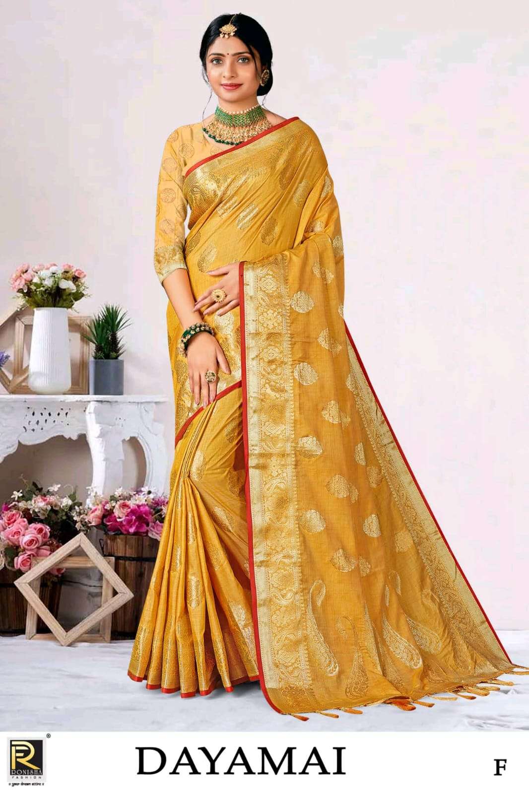 Ronisha Present Dayamai Fabric Banarasi Silk Designer Saree On Wholesale