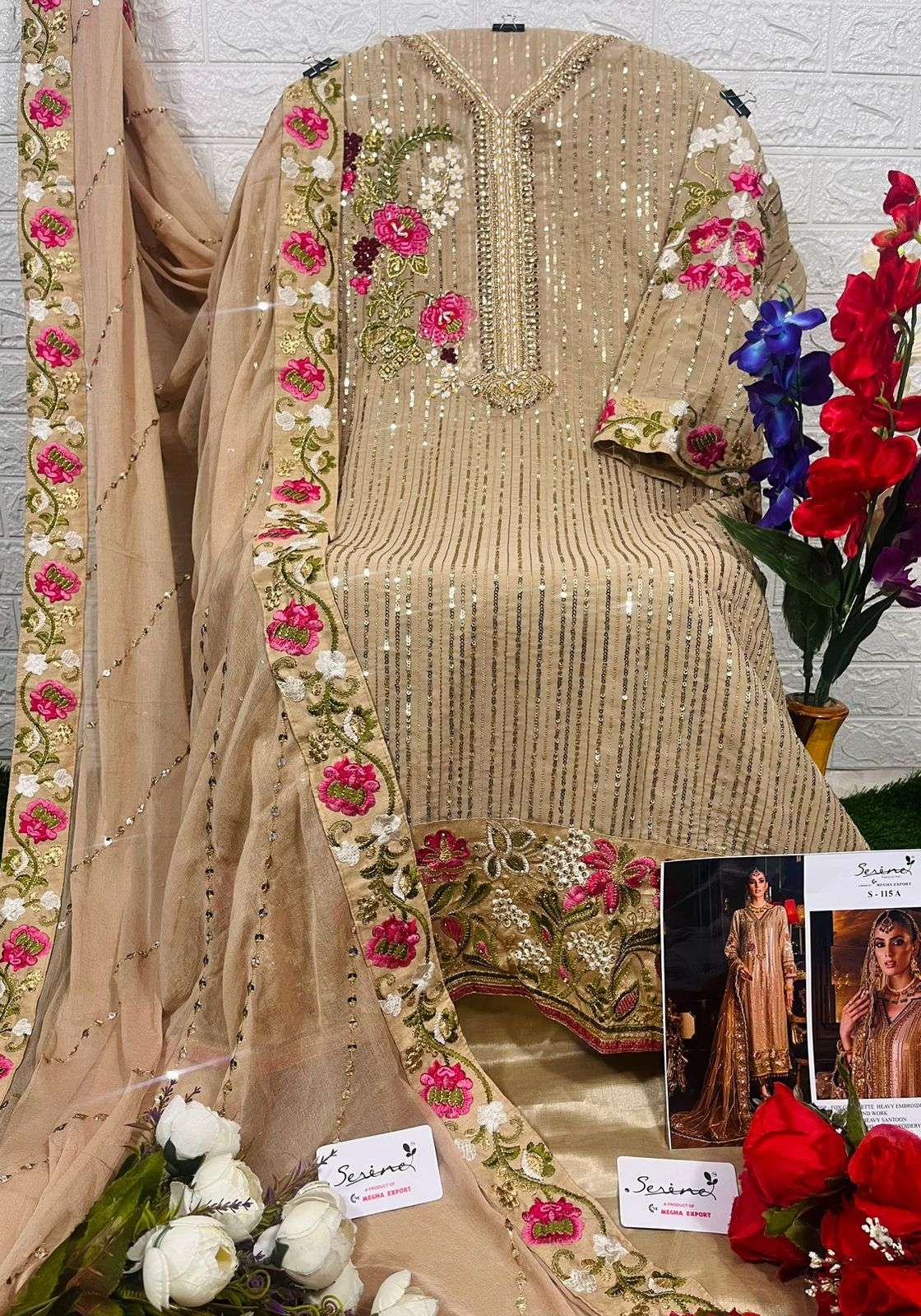 Serine S - 115 A Fox Georgette Embroidery With Handwork Top Bottom With Dupatta On Wholesale