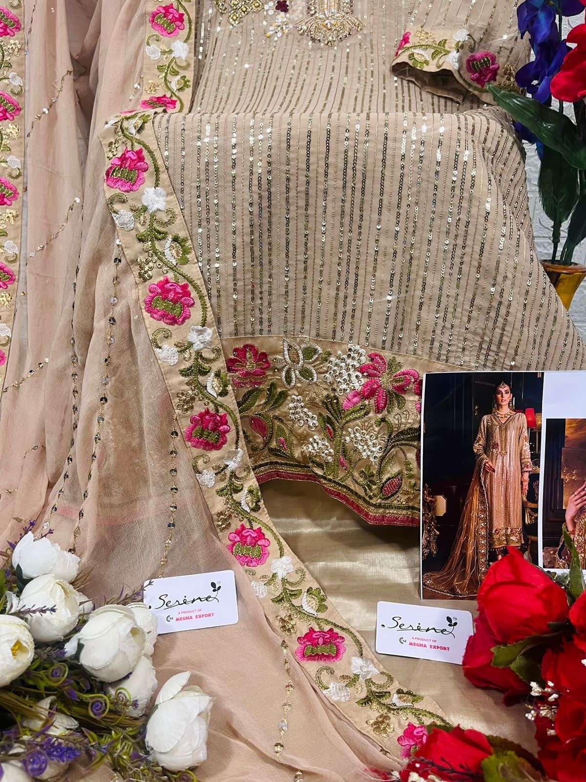 Serine S - 115 A Fox Georgette Embroidery With Handwork Top Bottom With Dupatta On Wholesale