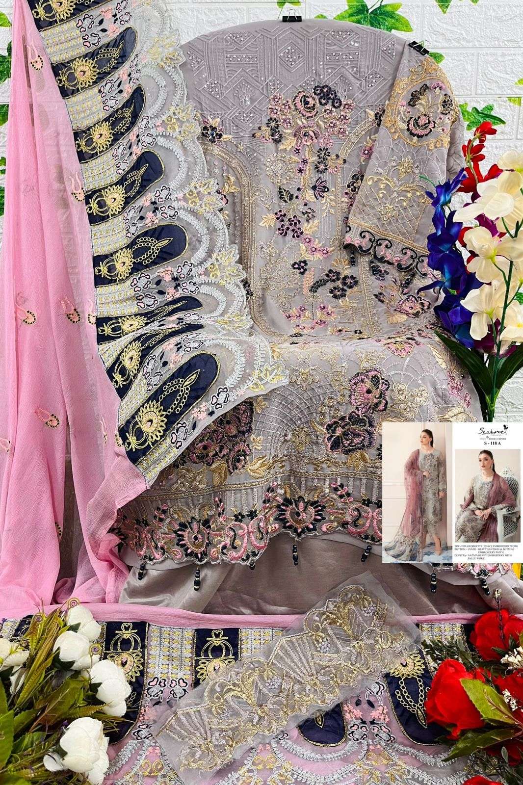Serine S 118 Fox Georgette Embroidery With Diamond Top Bottom With Dupatta On Wholesale