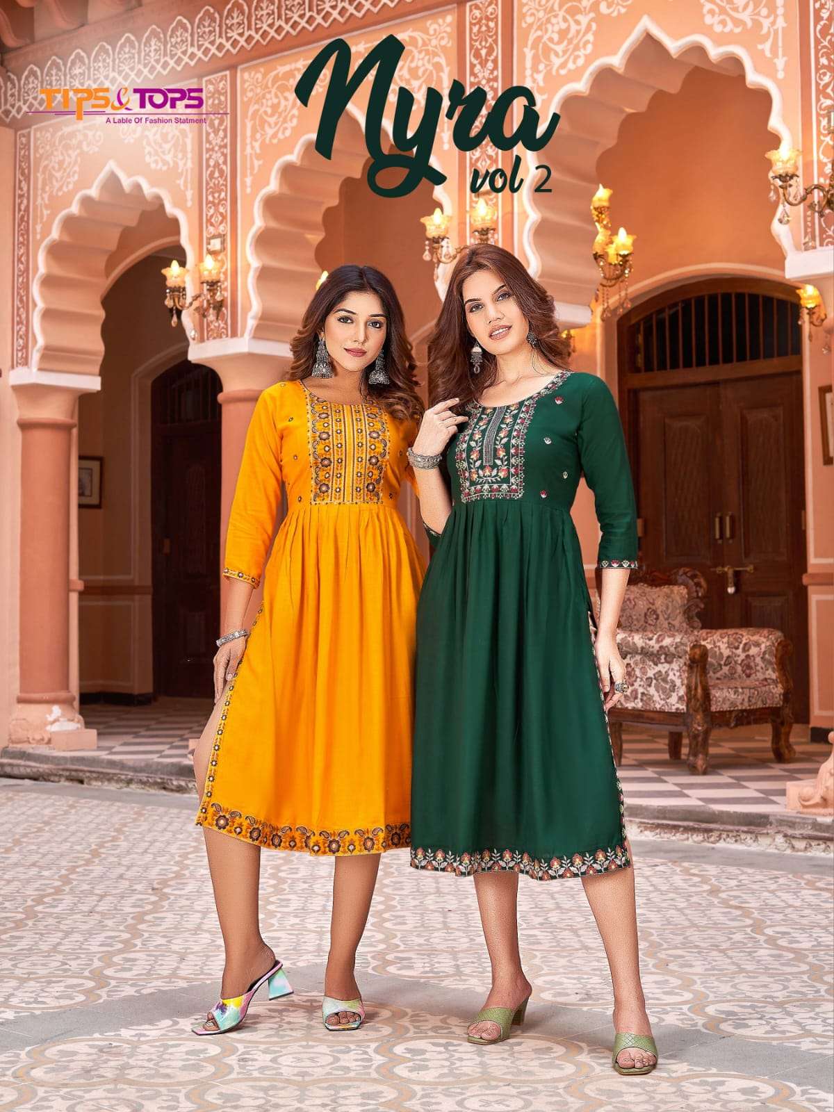 Tips & Tops Nyra Vol 2 Heavy Rayon Slub Embroidery Nyra Cut Kurti On Wholesale