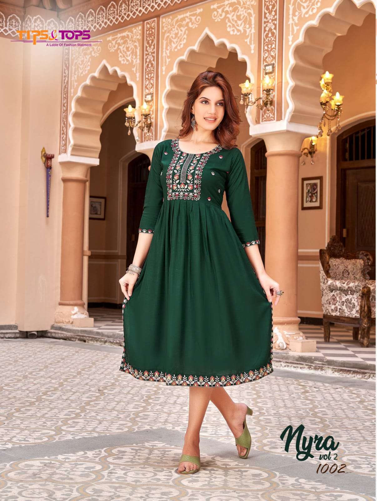 Tips & Tops Nyra Vol 2 Heavy Rayon Slub Embroidery Nyra Cut Kurti On Wholesale