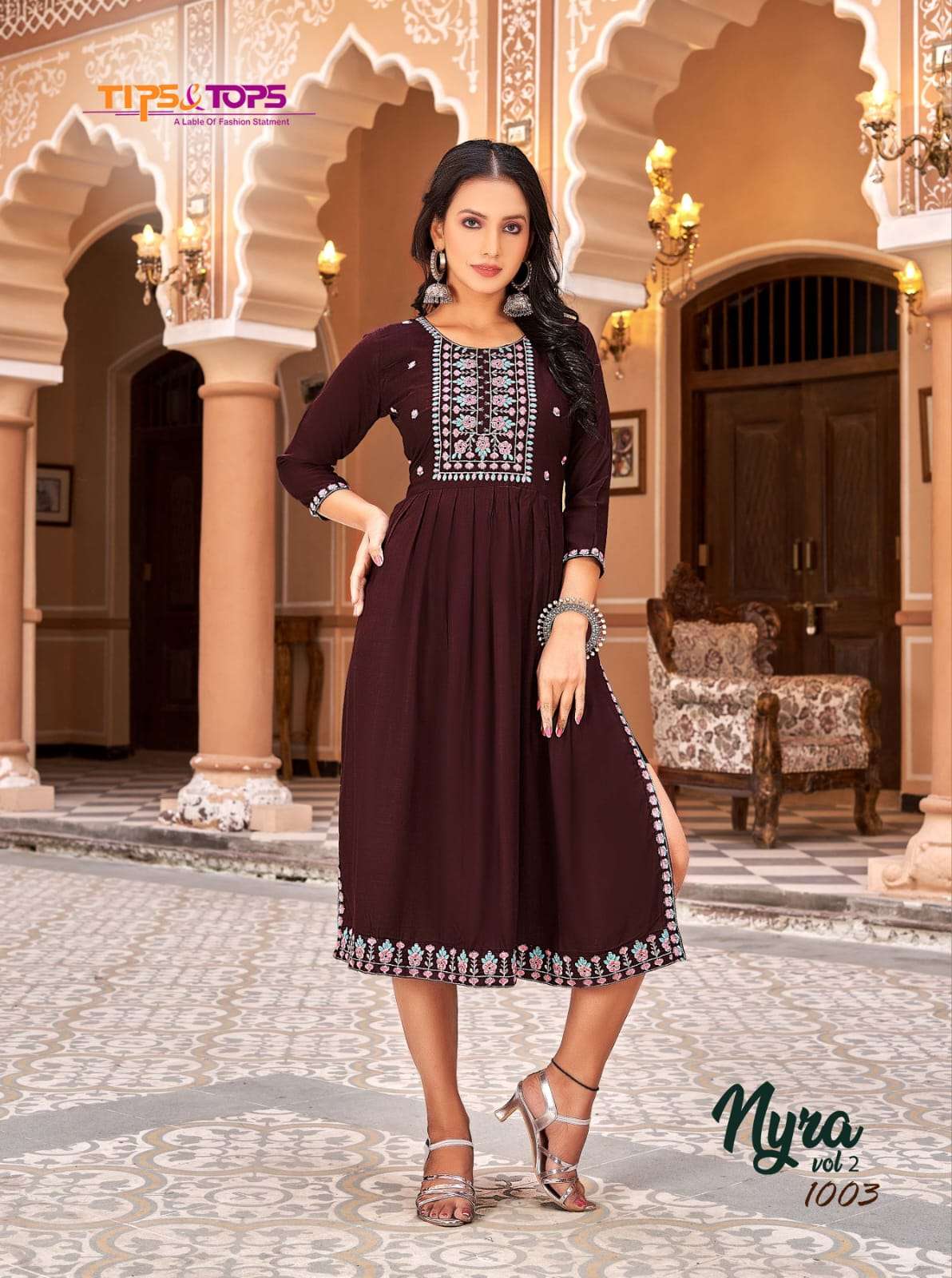 Tips & Tops Nyra Vol 2 Heavy Rayon Slub Embroidery Nyra Cut Kurti On Wholesale