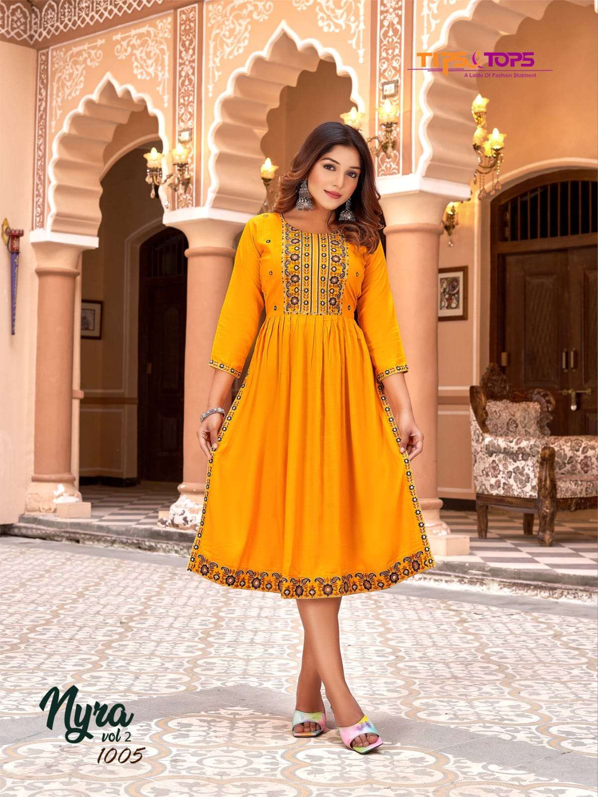 Tips & Tops Nyra Vol 2 Heavy Rayon Slub Embroidery Nyra Cut Kurti On Wholesale