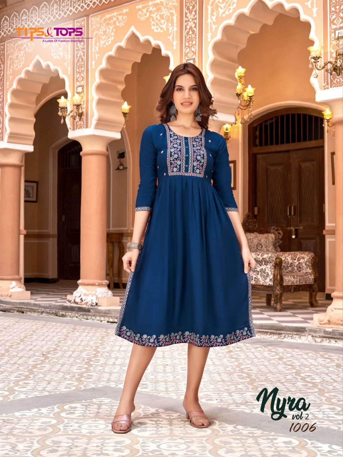Tips & Tops Nyra Vol 2 Heavy Rayon Slub Embroidery Nyra Cut Kurti On Wholesale