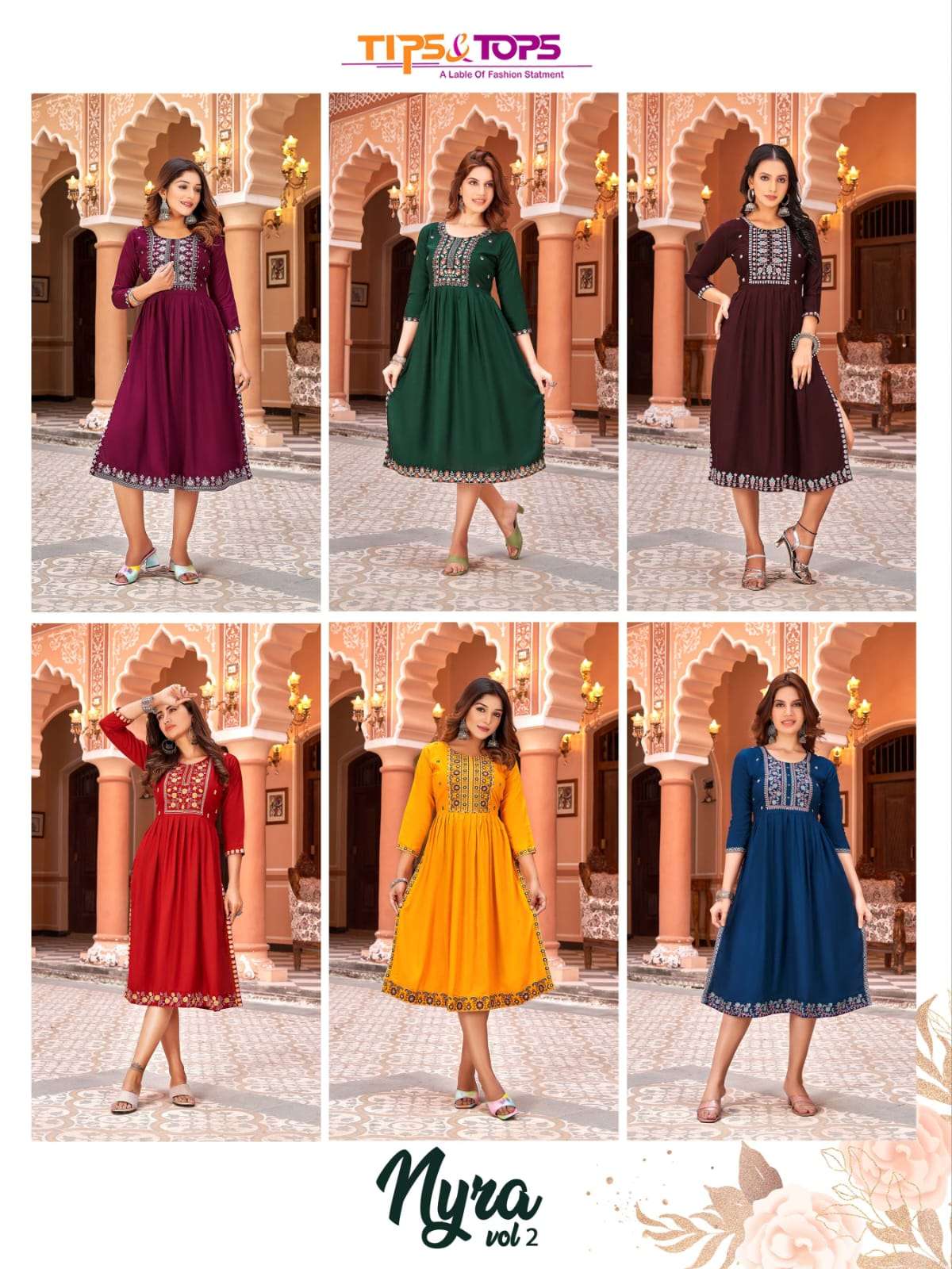 Tips & Tops Nyra Vol 2 Heavy Rayon Slub Embroidery Nyra Cut Kurti On Wholesale