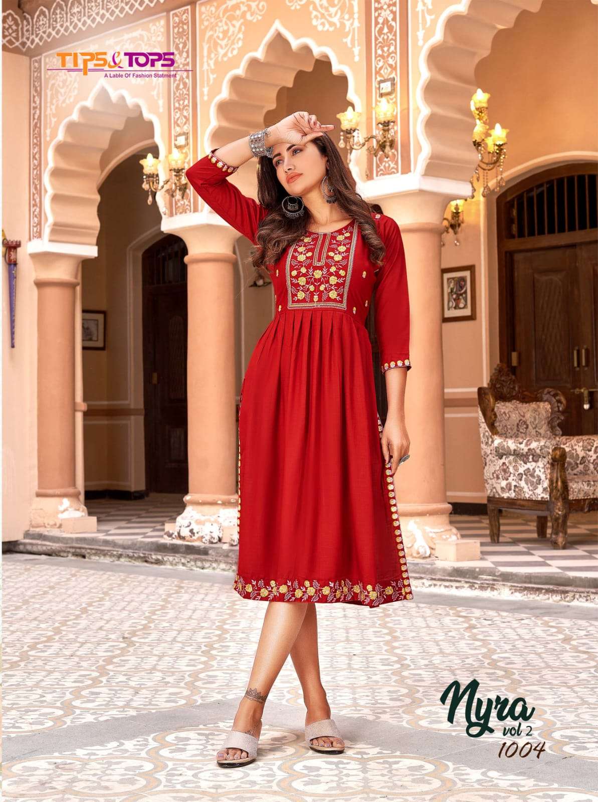 Tips & Tops Nyra Vol 2 Heavy Rayon Slub Embroidery Nyra Cut Kurti On Wholesale