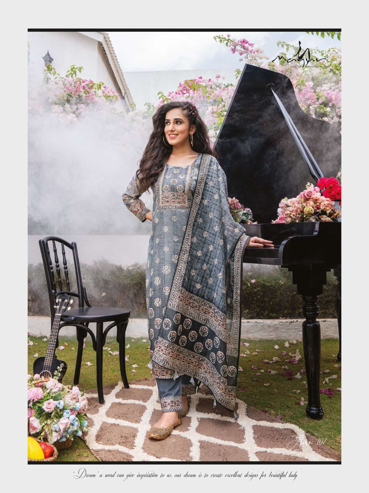 Aaina Muslien Silk Crochet Work Digital Print 3 piec set Kurti pant dupatta