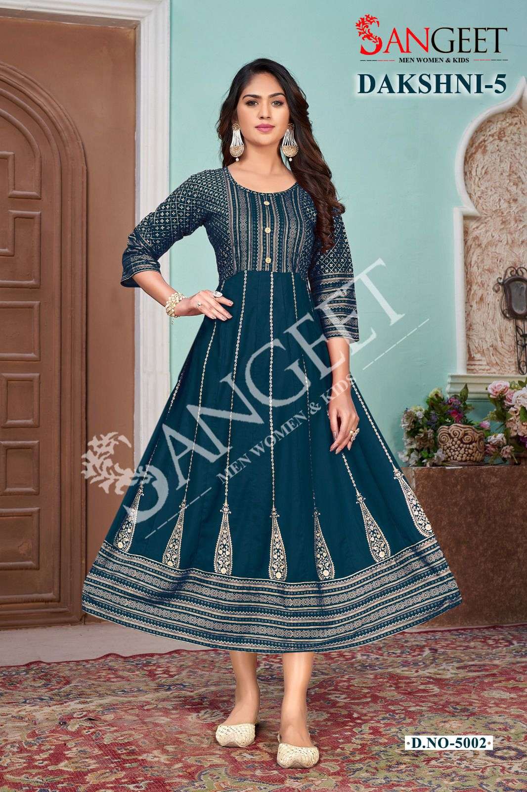 DAKSHNI-5  HEAVY RAYON  GOLD PRINT GOWN