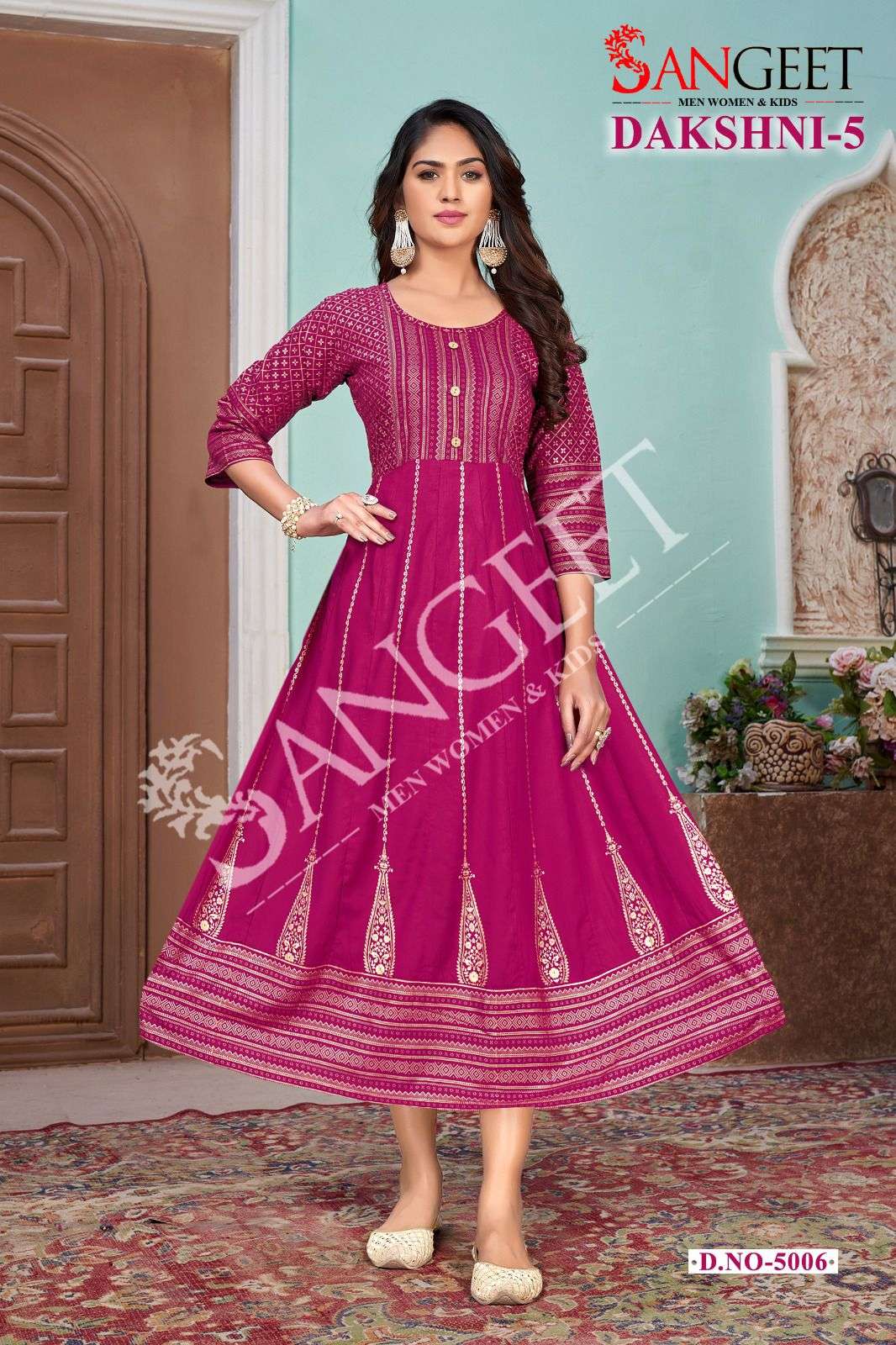 DAKSHNI-5  HEAVY RAYON  GOLD PRINT GOWN