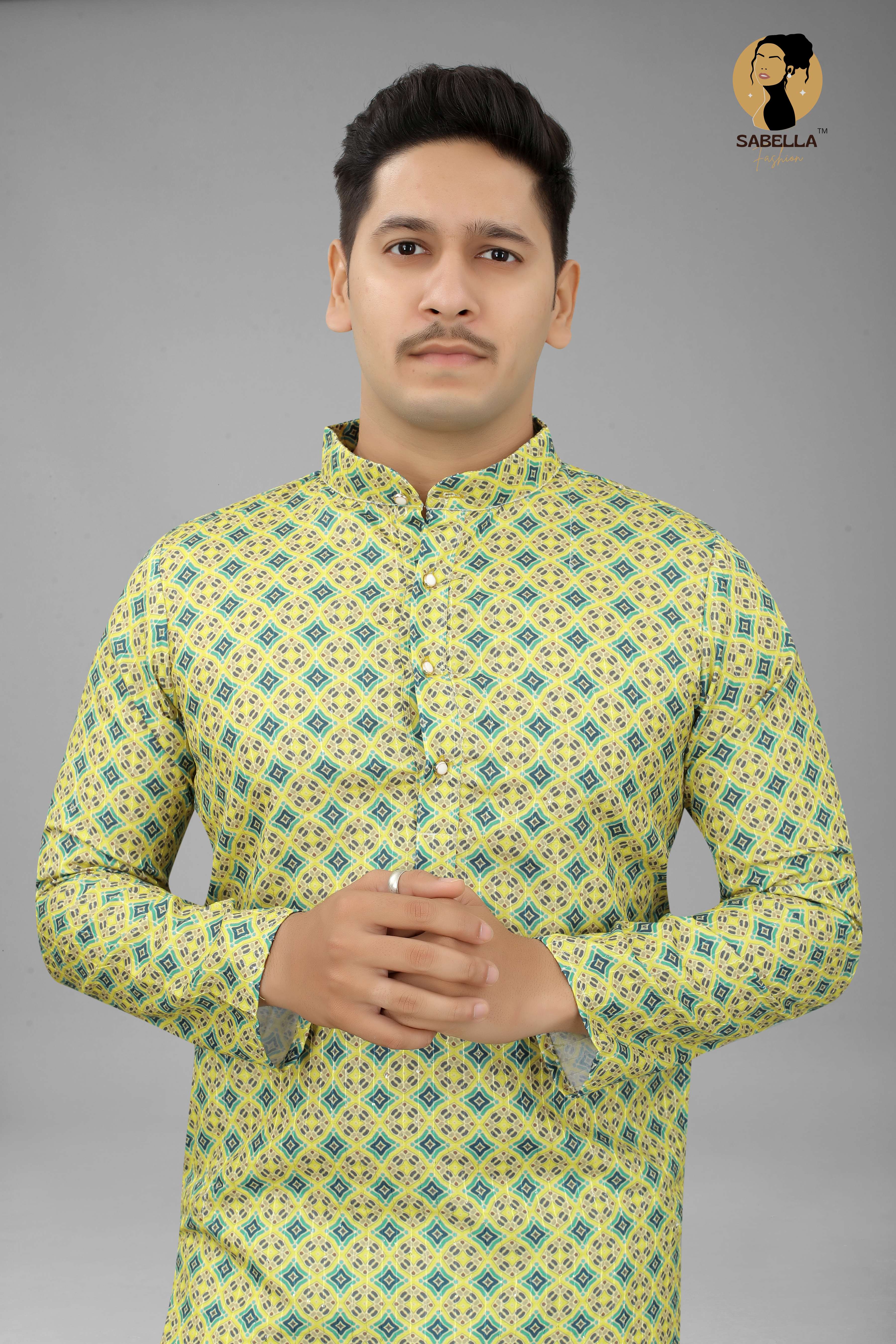 Light Green Crochet Printed Mens Kurta 
