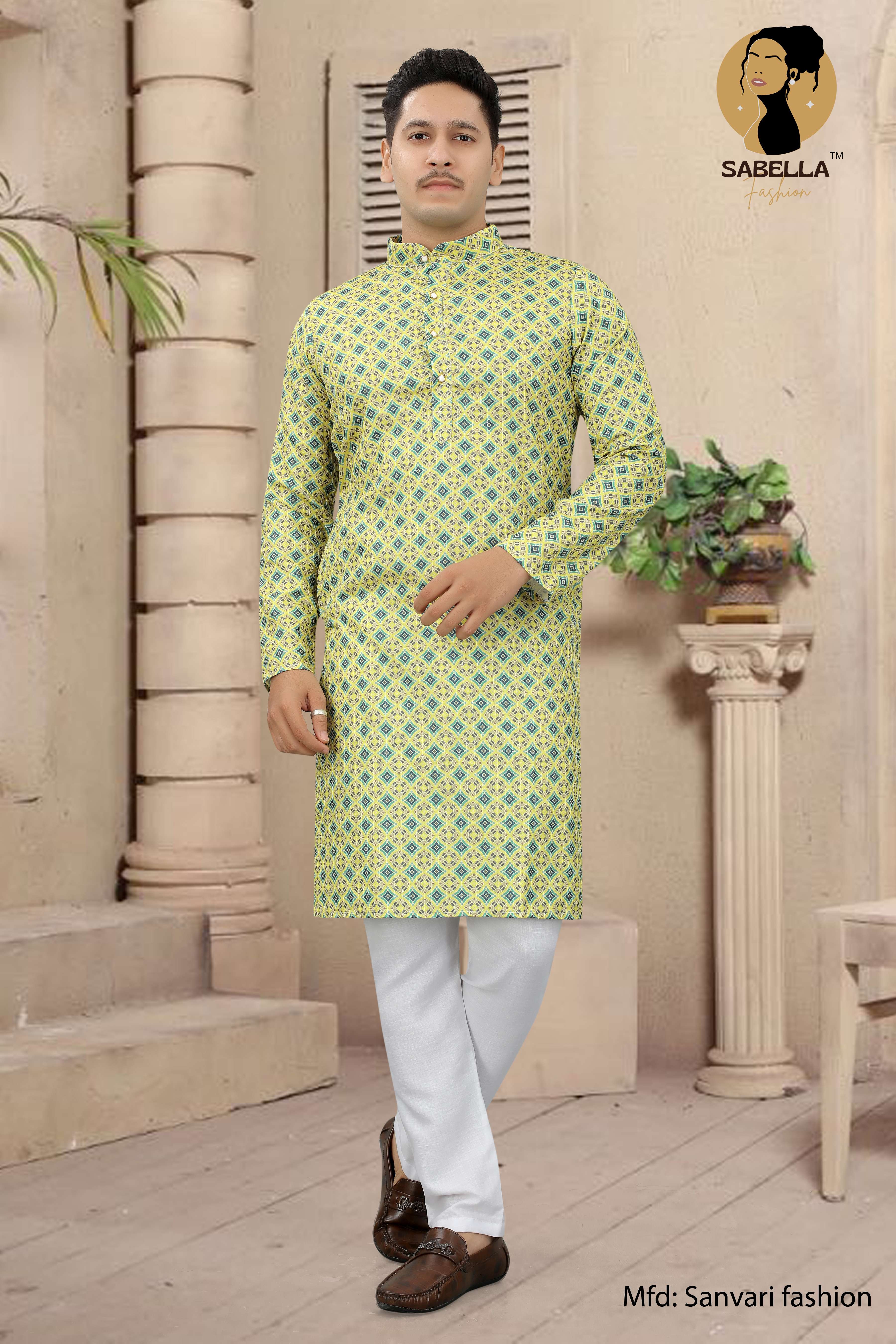 Light Green Crochet Printed Mens Kurta 
