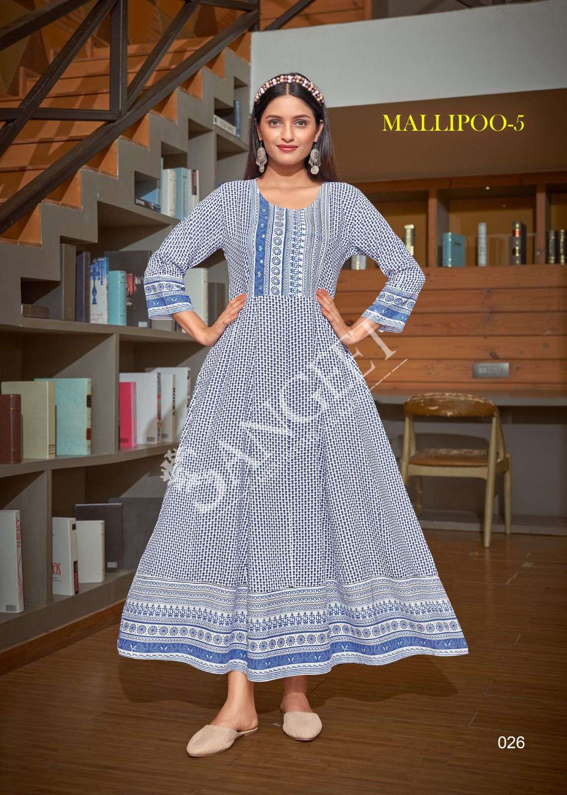 MALLIPOO-5  HEAVY RAYON GOLD KHADI PRINT NECK HANDWORK HIP KNOT ? DORI