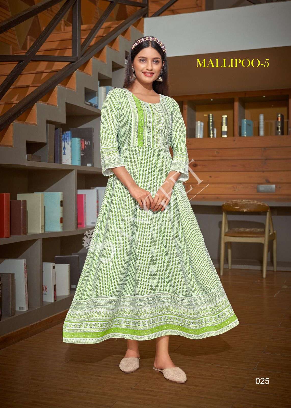 MALLIPOO-5  HEAVY RAYON GOLD KHADI PRINT NECK HANDWORK HIP KNOT ? DORI