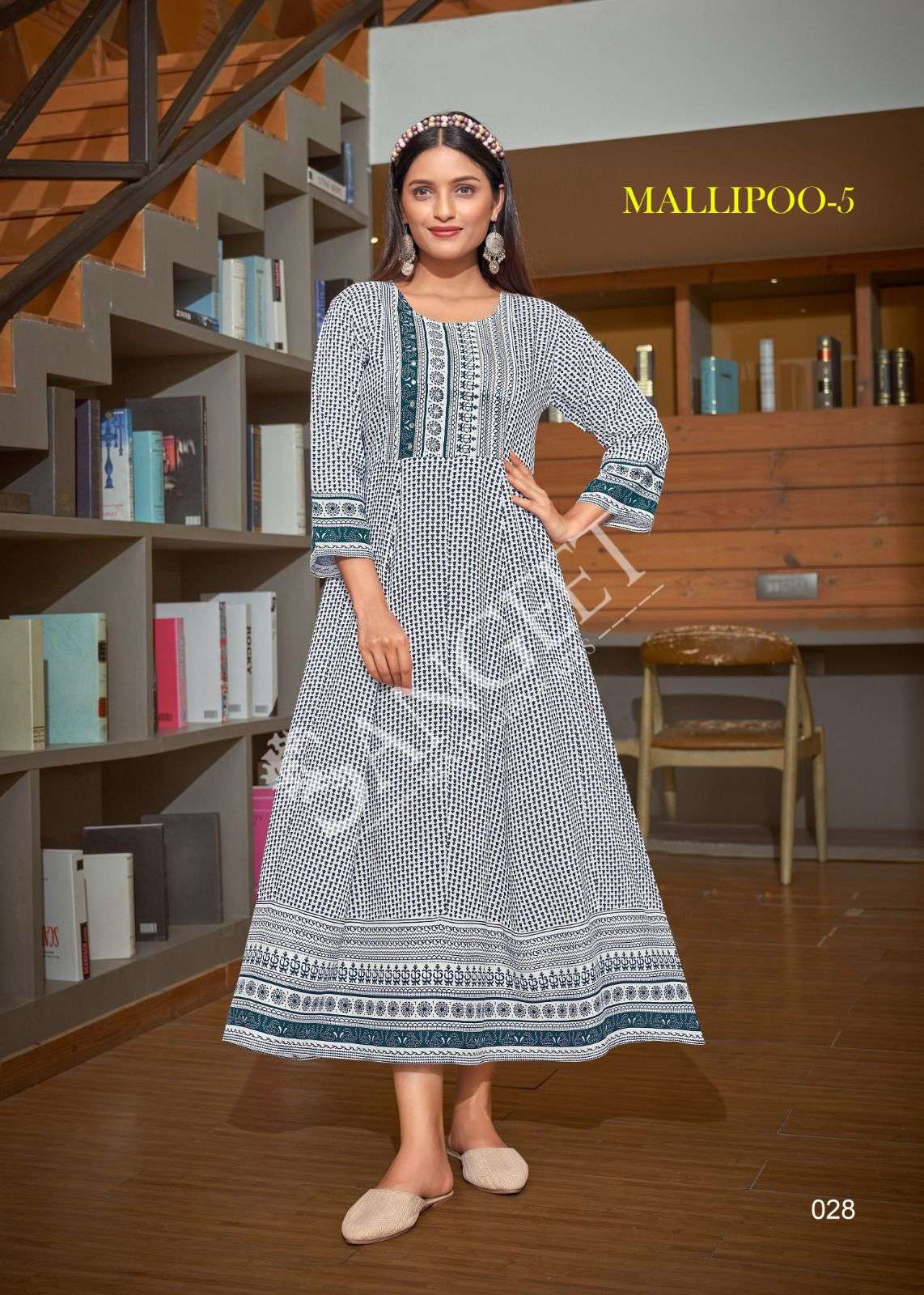 MALLIPOO-5  HEAVY RAYON GOLD KHADI PRINT NECK HANDWORK HIP KNOT ? DORI