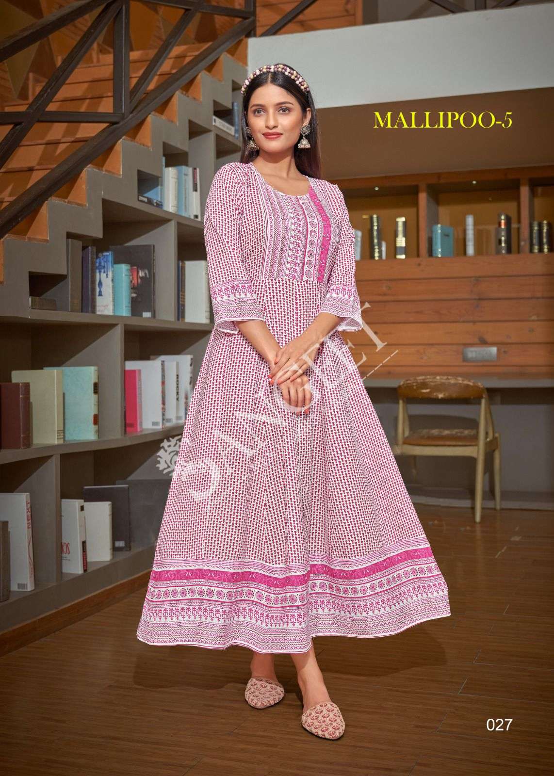 MALLIPOO-5  HEAVY RAYON GOLD KHADI PRINT NECK HANDWORK HIP KNOT ? DORI