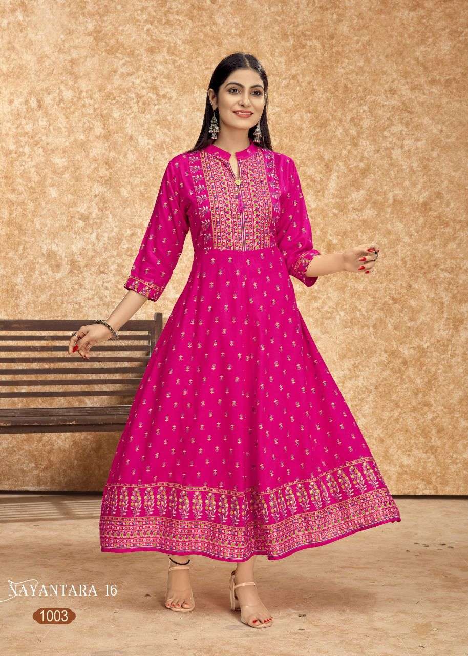 NAYANTARA 16 HEAVY RAYON PRINTED KURTIS WHOLESALER           