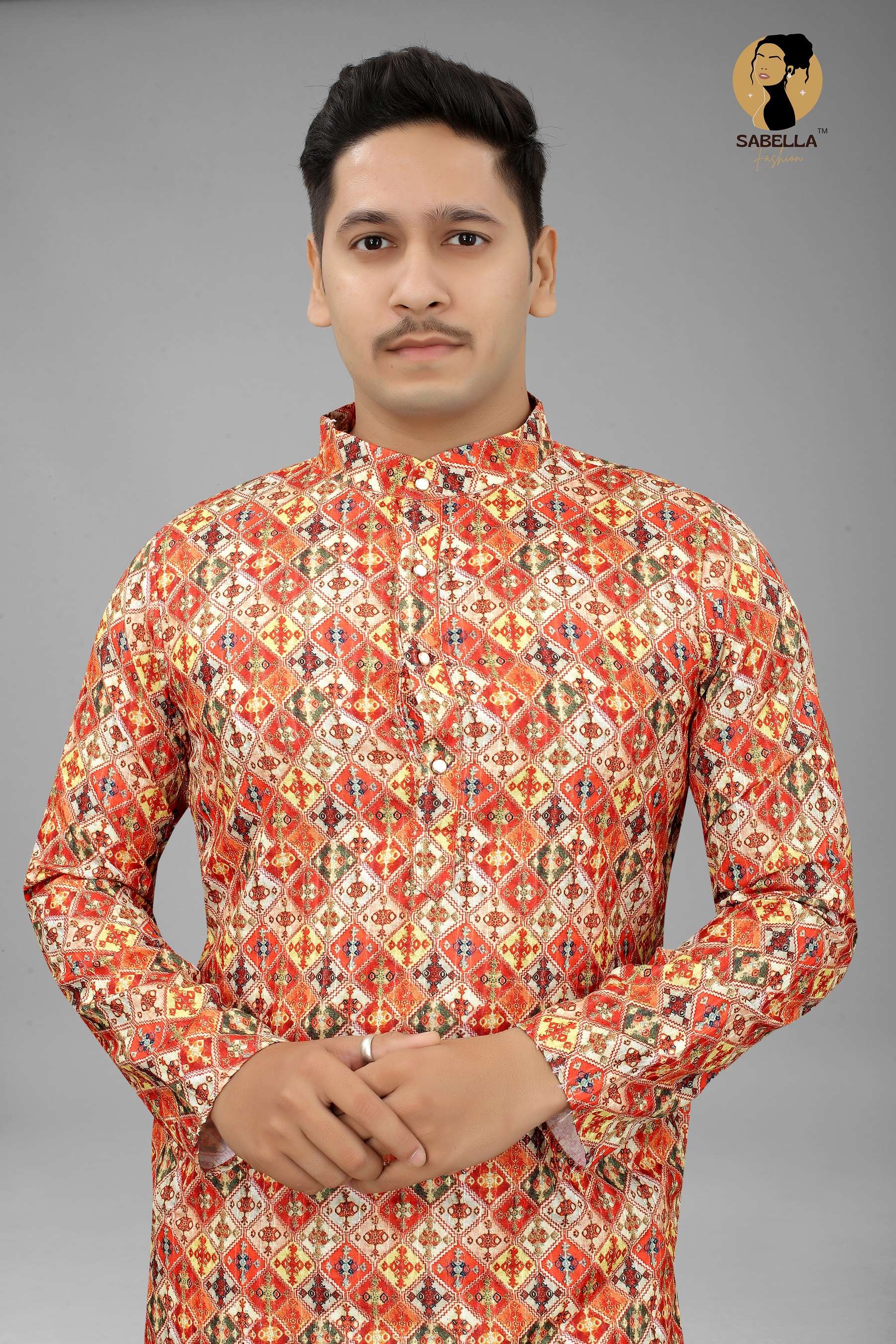 Orange Print Croset Sqns Mens Kurta pajama D-159