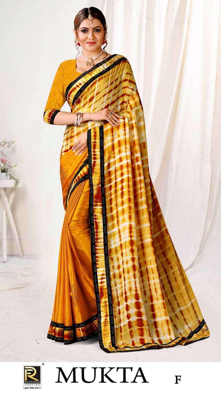 Ronisha Brand Launch Mukta Chinon Saree Catalog at wholesale Price