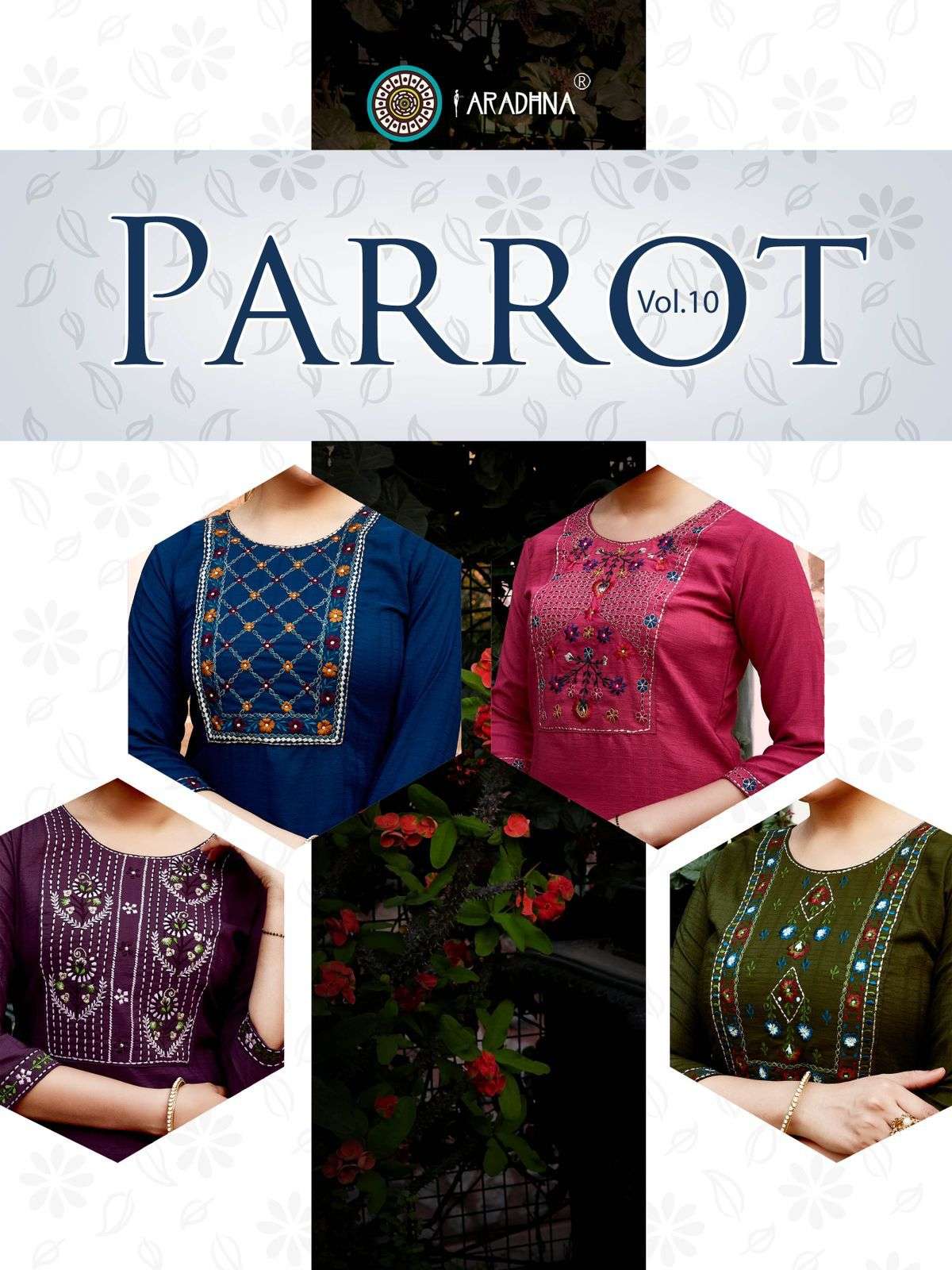 Parrot Vol 10 Fancy Fabric with Embroidery Work Kurti Wholesale catalog
