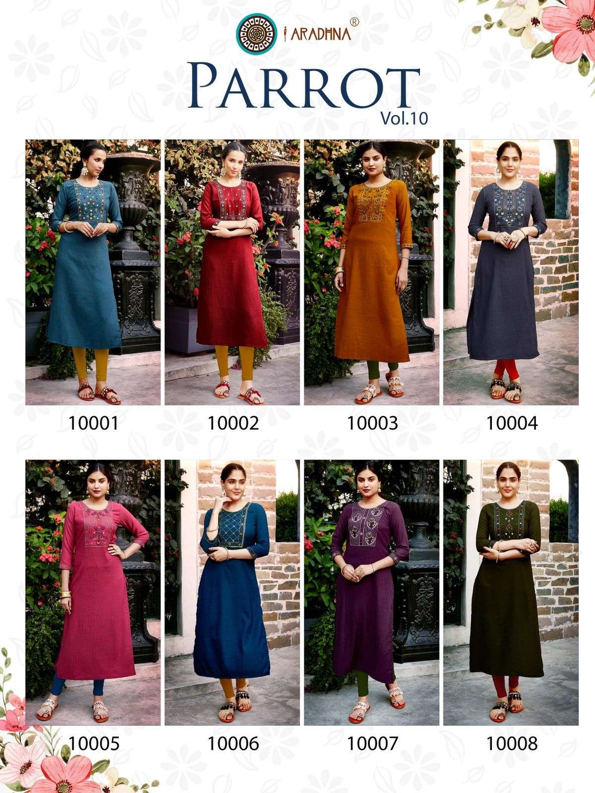 Parrot Vol 10 Fancy Fabric with Embroidery Work Kurti Wholesale catalog