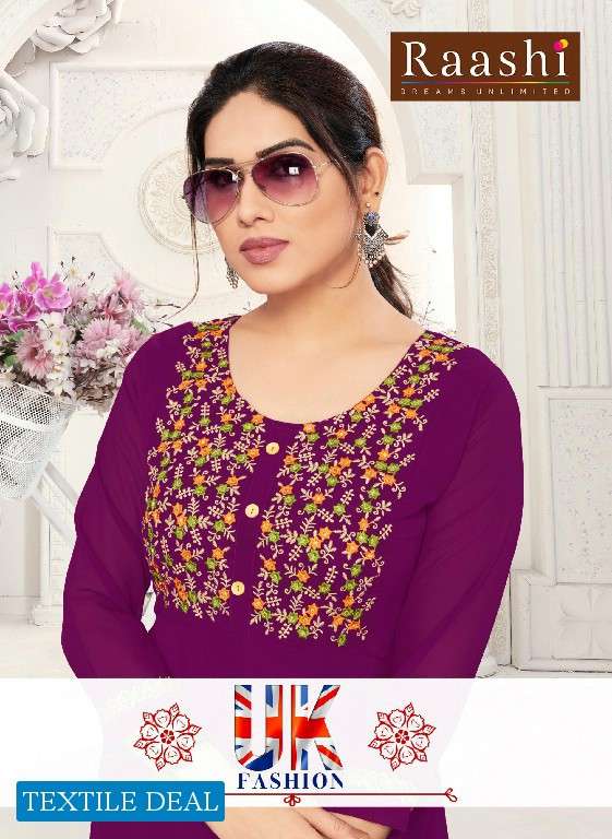 Raashi UK Fashion Party Wear Embroidery Kurtis Wholesale catalog