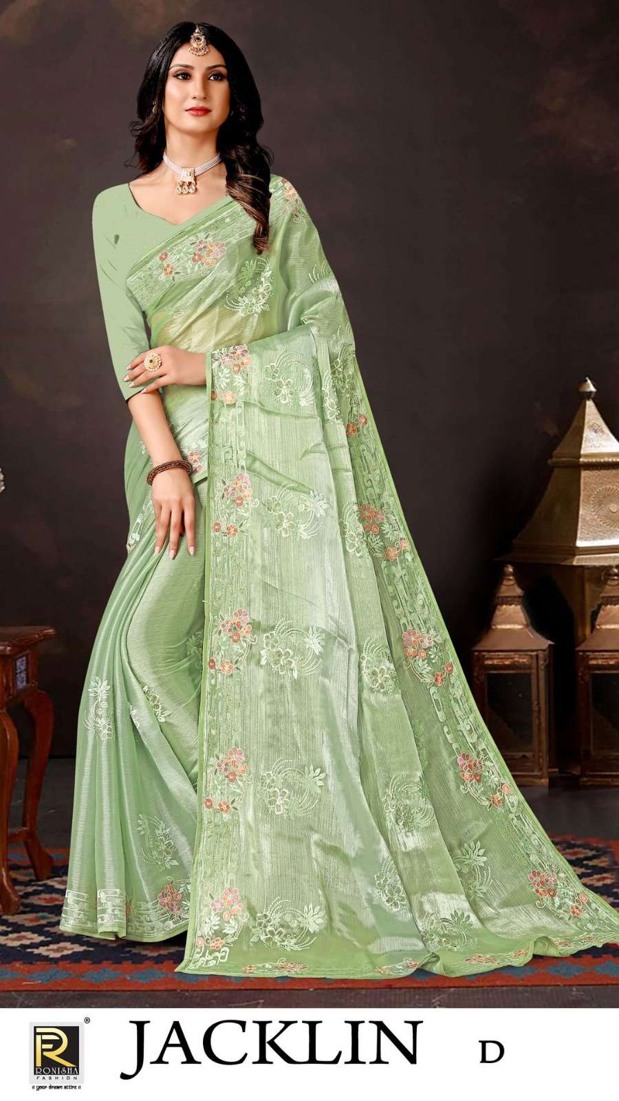 Ronisha Jacklin Embroidery Fastive Designer Saree Wholesale catalog