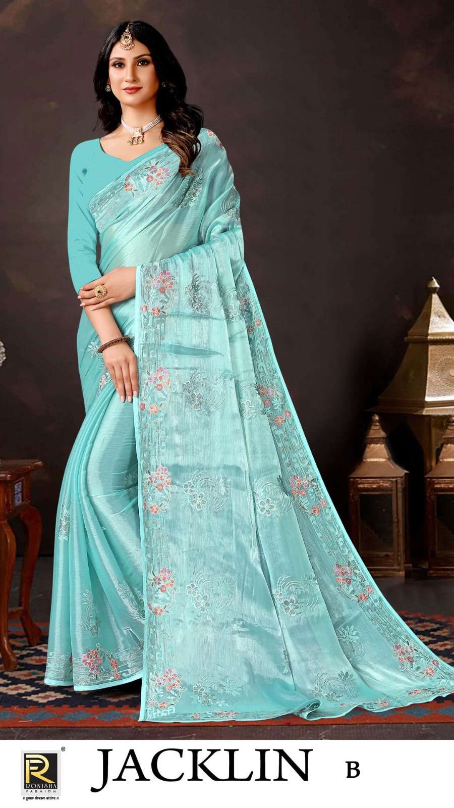 Ronisha Jacklin Embroidery Fastive Designer Saree Wholesale catalog