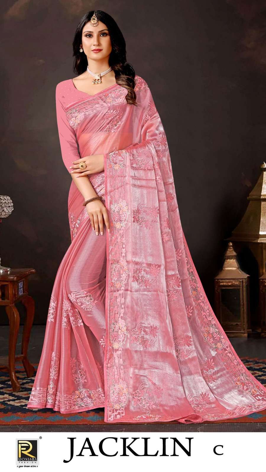 Ronisha Jacklin Embroidery Fastive Designer Saree Wholesale catalog